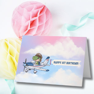 Süßes blau-weißes Flugzeug und Dinosaurier zum ers Dankeskarte