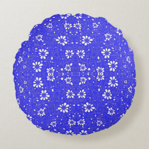 Süßes blau-weißes klassisches Blumenmuster Rundes Kissen