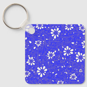 Süßes blau-weißes klassisches Blumenmuster Schlüsselanhänger