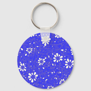 Süßes blau-weißes klassisches Blumenmuster Schlüsselanhänger