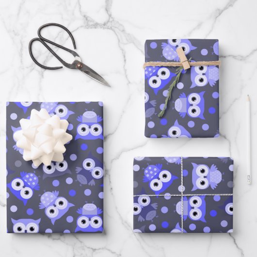 Süßes blaues bunter Eulenmuster Geschenkpapier Set (Vorderseite)