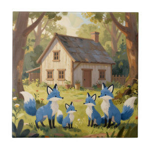 Süßes Blaues Fuchs-Familienhaus Fliese