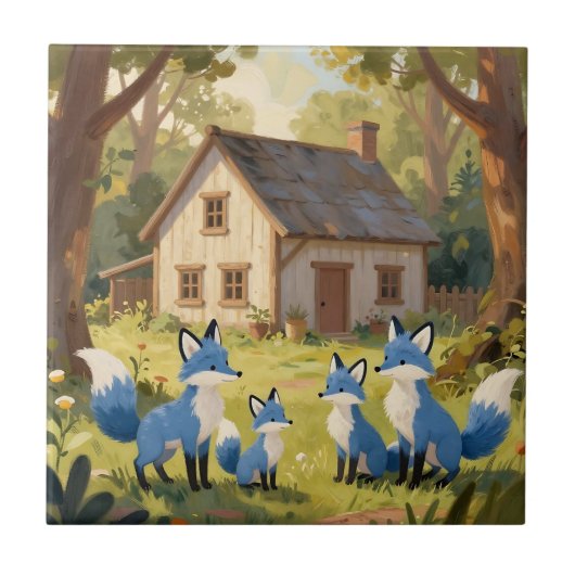 Süßes Blaues Fuchs-Familienhaus Fliese (Vorderseite)