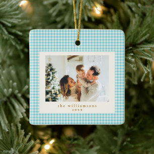 Süßes blaues Gingham-Karo-Foto-Weihnachten Keramikornament