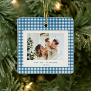 Süßes blaues Gingham-Karo-Foto-Weihnachten Keramikornament