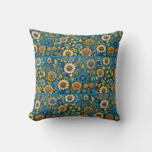 Süßes blaues Sonnenblumen-Garten-Quiltmuster Kissen