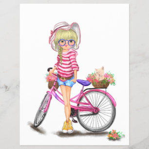 Süßes blondes Mädchen mit rosa Fahrrad und Katze i Flyer