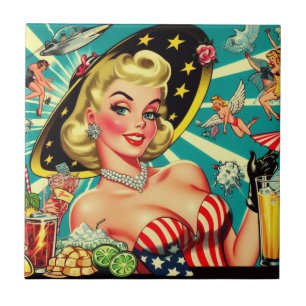 Süßes blondes Vintage-Mädchen Fliese