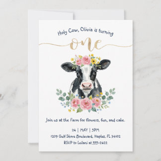 Süßes Blumenkuh-Design zum ersten Geburtstag Einladung