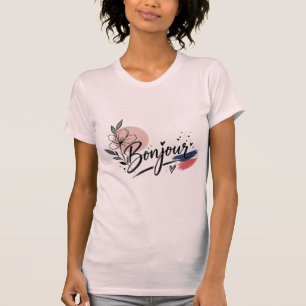 Süßes Bonjour-Blumen-Typografie-Damen-T-Shirt T-Shirt