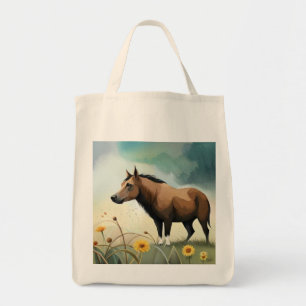 Süßes braunes Pony auf dem blumigen Feld Tragetasche