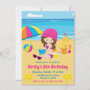 Süßes brünettes Mädchen Sommer Strand Geburtstag Einladung