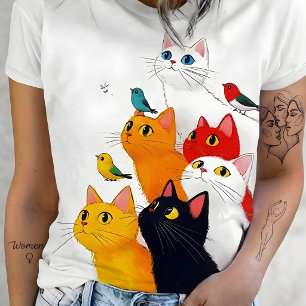 Süßes bunter Katzen und Vögel Illustration T-Shirt