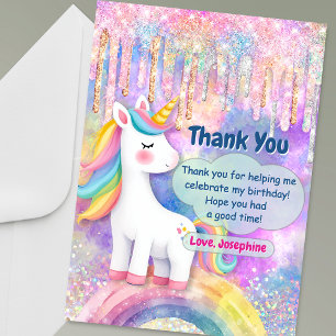 Süßes, buntes Einhorn mit falschen Glittertropfen Dankeskarte
