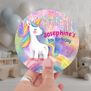 Süßes buntes Einhorn mit falschen Glittertropfen z Runder Aufkleber