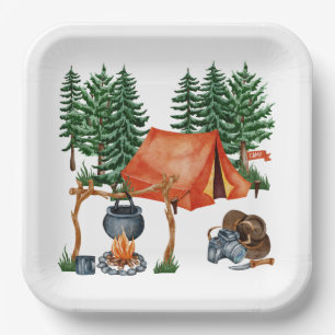 Süßes Camping-Thema Lagerfeuer, Zelt, Wald Pappteller