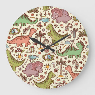Süßes Cartoon-Dinosaurier-Vintage-Muster Große Wanduhr