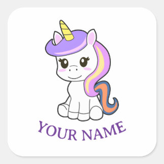 Süßes Cartoon-Einhorn-Kinder-Name-Tag-Aufkleber Quadratischer Aufkleber