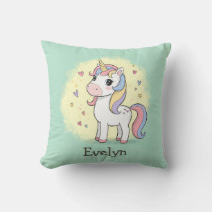 Süßes Cartoon-Einhorn mit Regenbogenmähne Kissen