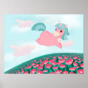 Süßes Cartoon-Einhorn Pink und Mint Poster