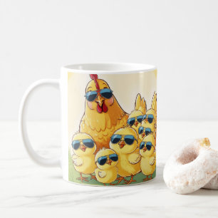 Süßes Cartoon-Huhn, farbenfrohe Blumen. Farmtier Kaffeetasse