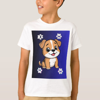 Süßes Cartoon-Hundewelpen- und Pfotenabdruck-Kinde T-Shirt