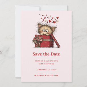 Süßes Cartoon-Kätzchen in einer Box mit Herzen zum Save The Date