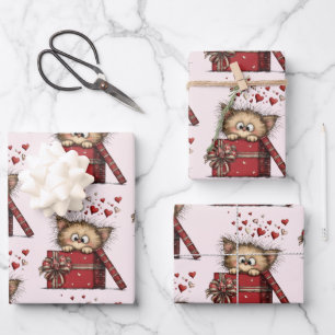 Süßes Cartoon-Kätzchen in einer Schachtel mit Herz Geschenkpapier Set