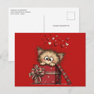 Süßes Cartoon-Kätzchen mit Herzen Postkarte