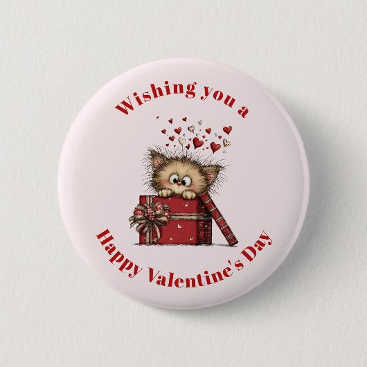 Süßes Cartoon-Kätzchen mit Herzen zum Valentinstag Button (Vorderseite)
