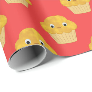 Süßes Cartoon-Mais-Muffin auf rotem Geschenkpapier