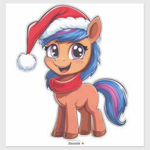 Süßes Cartoon-Pony mit Weihnachtsmütze und -schal Aufkleber