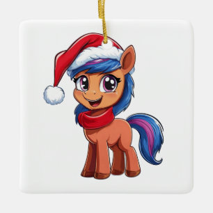Süßes Cartoon-Pony mit Weihnachtsmütze und Schal Keramikornament