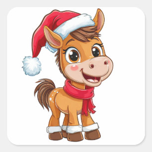 Süßes Cartoon-Pony mit Weihnachtsmütze und -schal Quadratischer Aufkleber