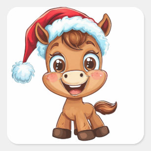 Süßes Cartoon-Pony mit Weihnachtsmütze und -schal Quadratischer Aufkleber