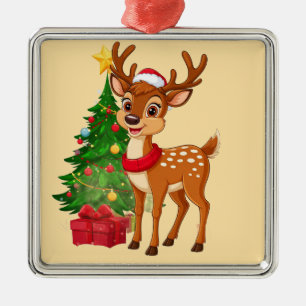 Süßes Cartoon-Rentier mit Weihnachtsmannmütze Ornament Aus Metall