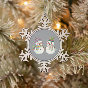 Süßes Cartoon-Schneemann-Paar Hält Sich an Den Hän Schneeflocken Zinn-Ornament