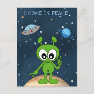 Süßes Cartoon-Weltraum-Alien mit Friedenszeichen Postkarte