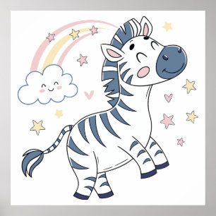 Süßes Cartoon-Zebra mit Regenbogen und Sternen Poster