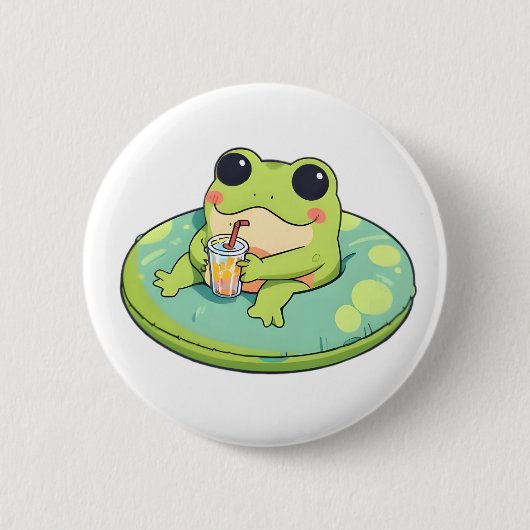 Süßes Chibi-Frosch-Sommerpool-Tag-Limonade-Design Button (Vorderseite)