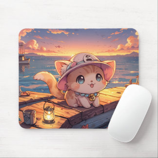 Süßes Chibi-Kätzchen am Hafen-Sonnenuntergang – Wh Mousepad