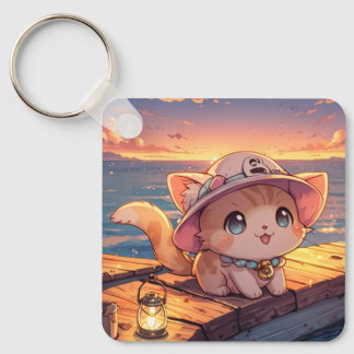 Süßes Chibi-Kätzchen am Hafen-Sonnenuntergang – Wh Schlüsselanhänger