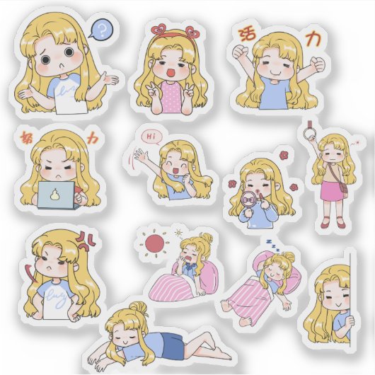 Süßes Chibi-Mädchen-Emotionen-Vinyl-Aufkleber-Set Aufkleber (Vorderseite)