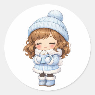Süßes Chibi-Mädchen im blauen Winteroutfit Runder Aufkleber