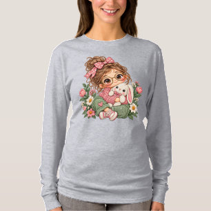 Süßes Chibi-Mädchen Stickerei-Stil Floral Cozy Her T-Shirt