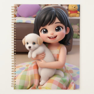 Süßes Chibi-Mädchen umarmt weißen Welpen Planer