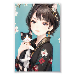 Süßes chinesisches Mädchen posiert mit Katze Fotodruck
