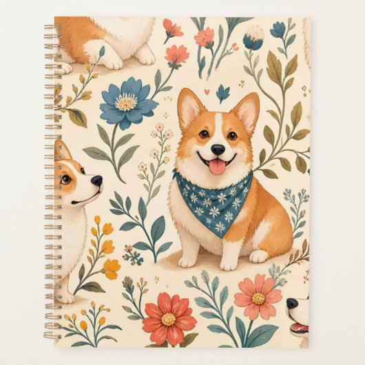 Süßes Corgi-Blumengarten-Muster Planer (Vorderseite)