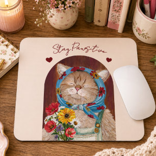 Süßes Cottagecore-Kätzchen mit Blumen: Bleib posit Mousepad
