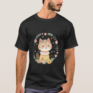 Süßes Cottagecore-Katze umgeben von floralem Kranz T-Shirt
